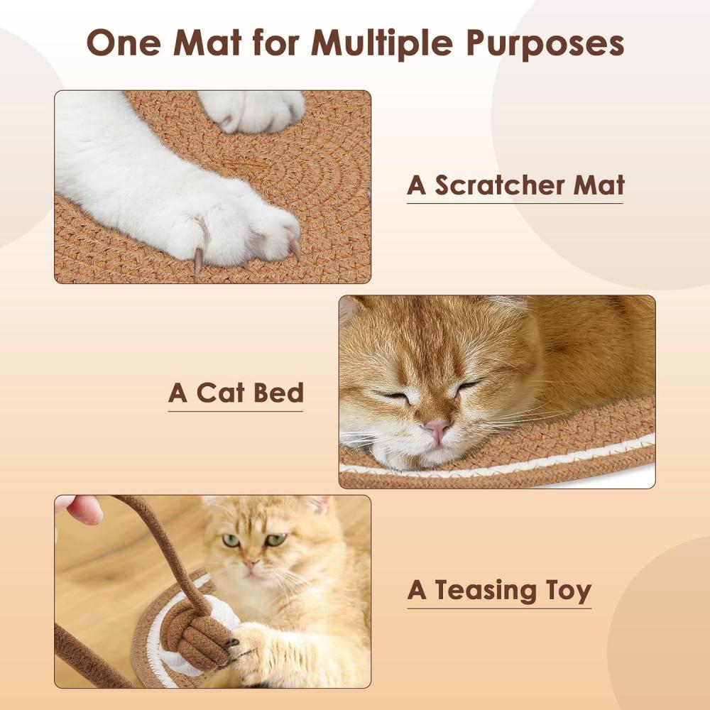 Cat Scratching Pad, Natural Cotton Rope Scratching Pad, with Ear-shaped Hanging Hooks and Toy Balls, Suitable for Walls, Floors,
