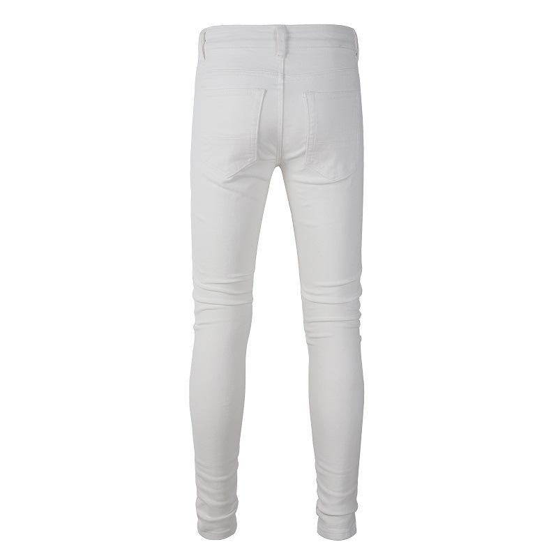 White Jeans High Street Broken Holes with Diamonds Jeans Men's Elastic Slim Jeans