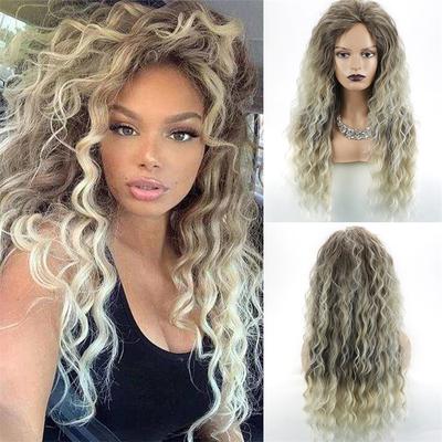 Long Curly Blonde Wigs for Women Synthetic Ombre Wig with Bangs Costume Wig for Girls Sexy Blond Wigs with Black Roots