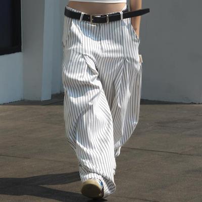 Women's Striped Print Suit Pants Casual Button Up Low Rise Loose Wide Leg Pants Streetwear Y2k Trousers Korean Style 2025 Spring New