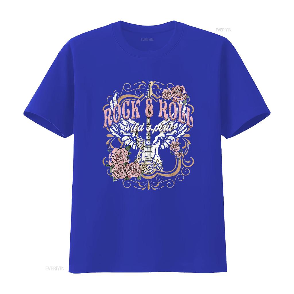 Damen Rock And Roll Wild Spirit Boho Engelsflügel Floral Gitarre T-Shirt Schwarz vintage Gewaschenes Oberteil Für den Alltag Dehnbar