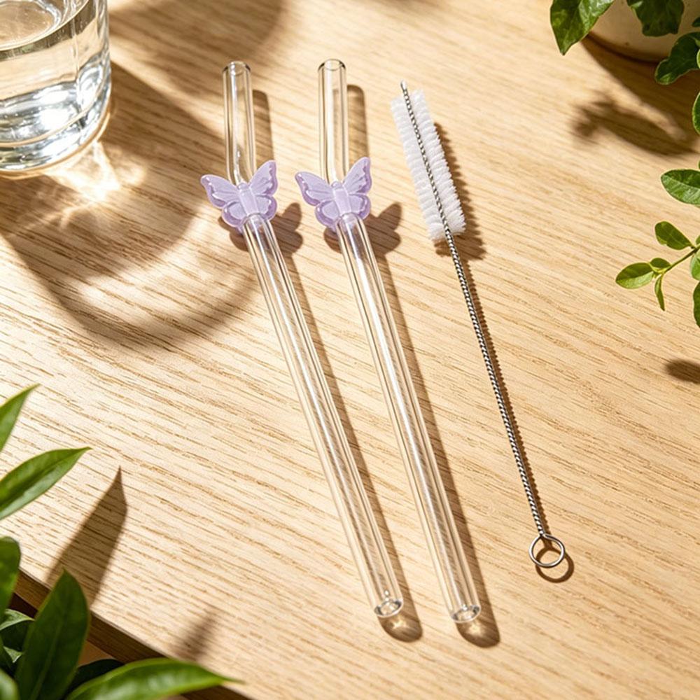 3Pcs Cute Butterfly Straw Reusable Glass Tube Durable Straws For Smoothie Cocktail Juice Smoothie Drinks