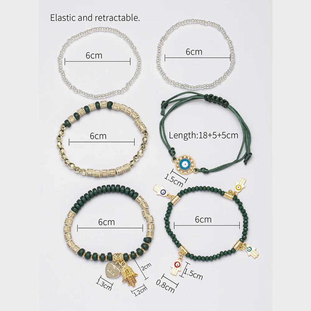 Bohemian Handmade Bracelet Set For Women Fatima Hand Evil Eye Heart Charm Adjustable Rope Chain Bangle Men Daily Wear Jewelry