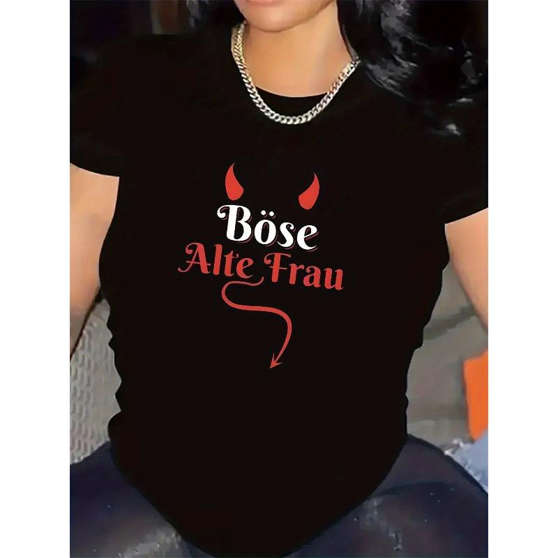 

European sizes Women S Black and White Graphic T-Shirt with Red Devil Horns Design 4XL