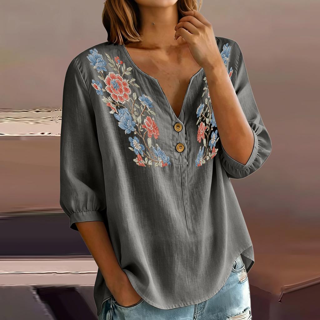 Women Floral Pattern Henley Button Neck Shirt Three Quarter Sleeve Loose Fit Linen Cotton Blouse Casual Top for Daily Wear