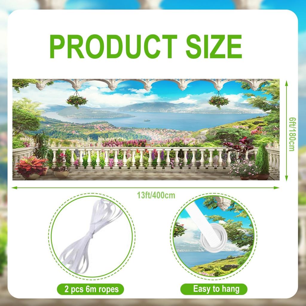 6x13ft Nature Landscape Garage Door Decor Flower House Balcony Mountains River Blue Sky White Clouds Garage Door Cover for Spring Theme Party