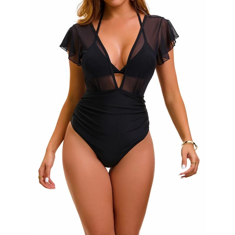 Damen Bügel Bauchkontrolle Einteiler Badeanzug Lässige Strandmode Tiefes V-Ausschnitt Hohe Bruststütze Sommer Badebekleidung Badesachen