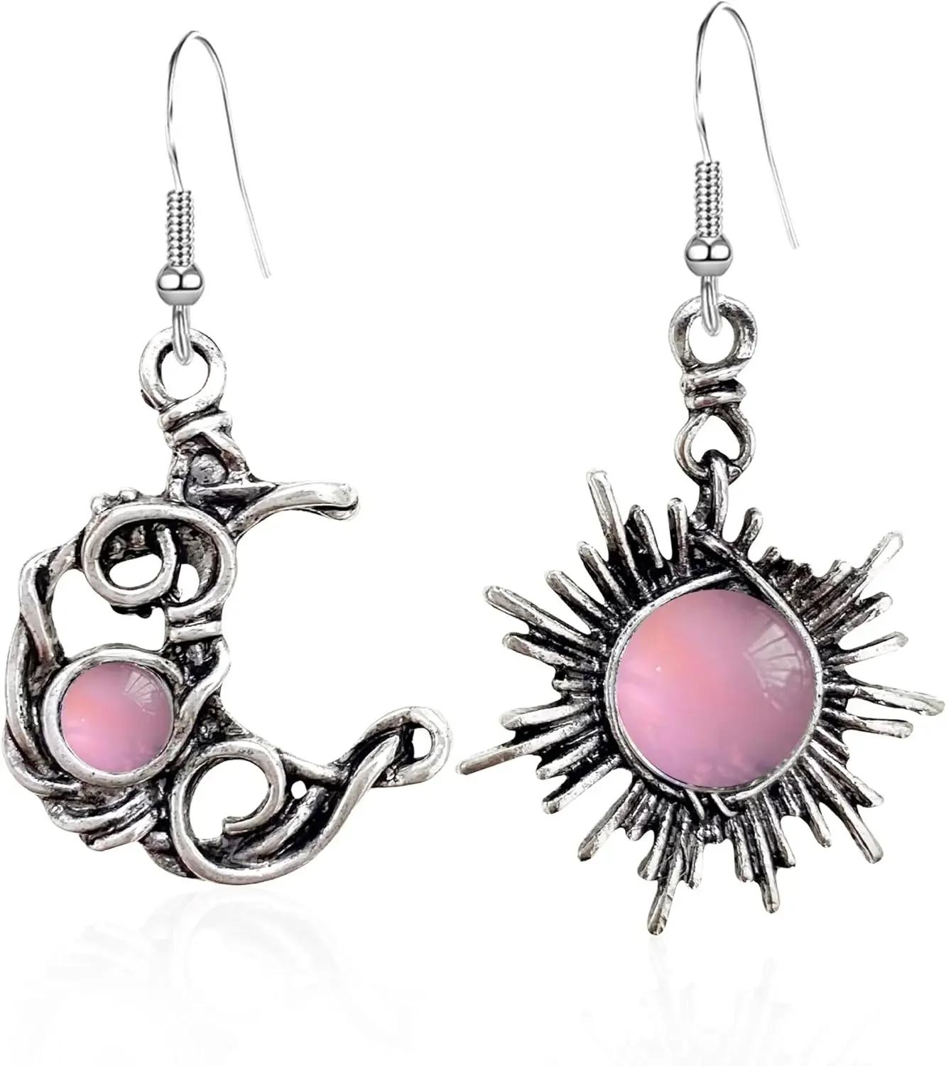

YILUOCD Boho Sun Moon Drop Earrings Round Crystal Bohemia Women Earring Asymmetrical Antiqued Female Boho Zircon Gift