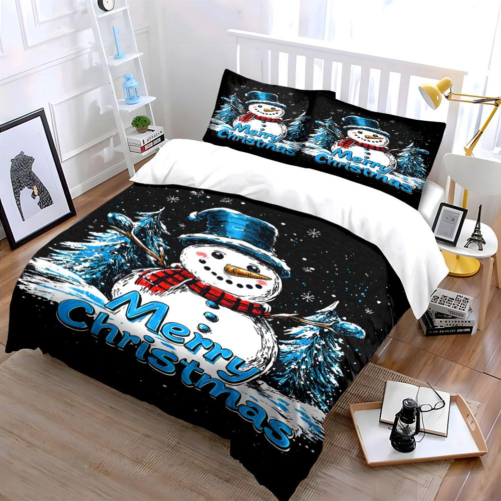 Snowman Merry Christmas Design Bedding Duvet Cover Set Duvet Cover Pillowcases (1*Duvet Cover 2*Pillowcases, Without Duvet Insert)