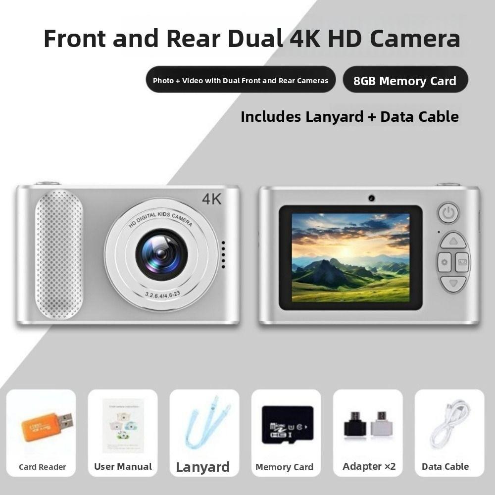 

Двухобъективная цифровая камера 4K 4400W пикселей Селфи-камера Детская школьная серебряный