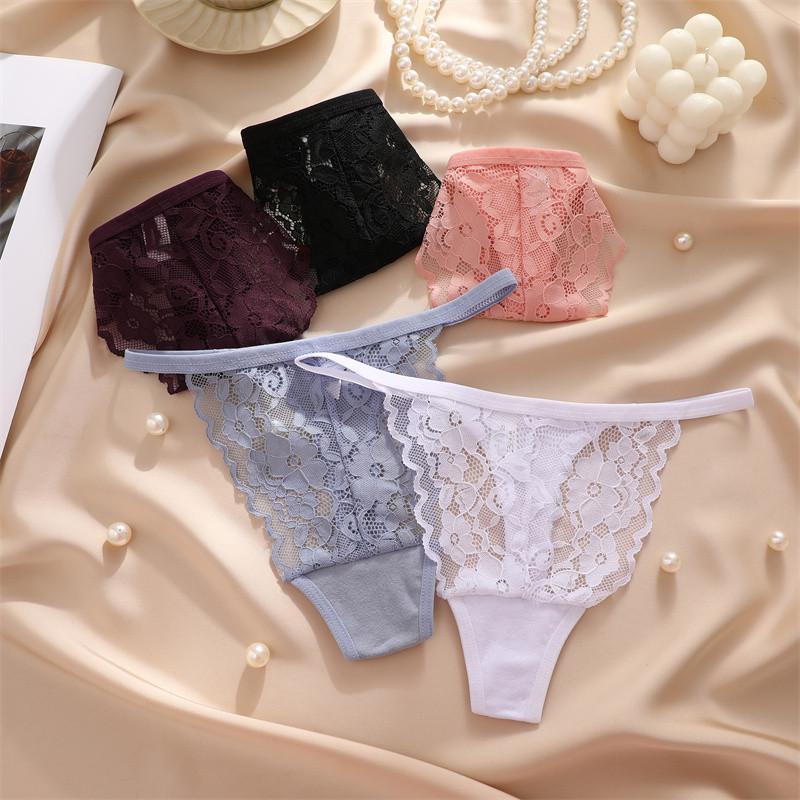 FINETOO Lace Thong for Women Seamless Lingerie Ice Silk Underwear T-back Panty