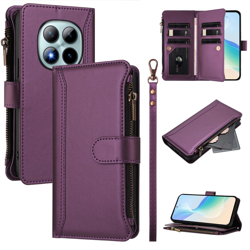 For Xiaomi Redmi Note 15 Pro+ 5G Leather Case 9 Card Slots Zipper Wallet Stand Phone Cover with Wrist Strap