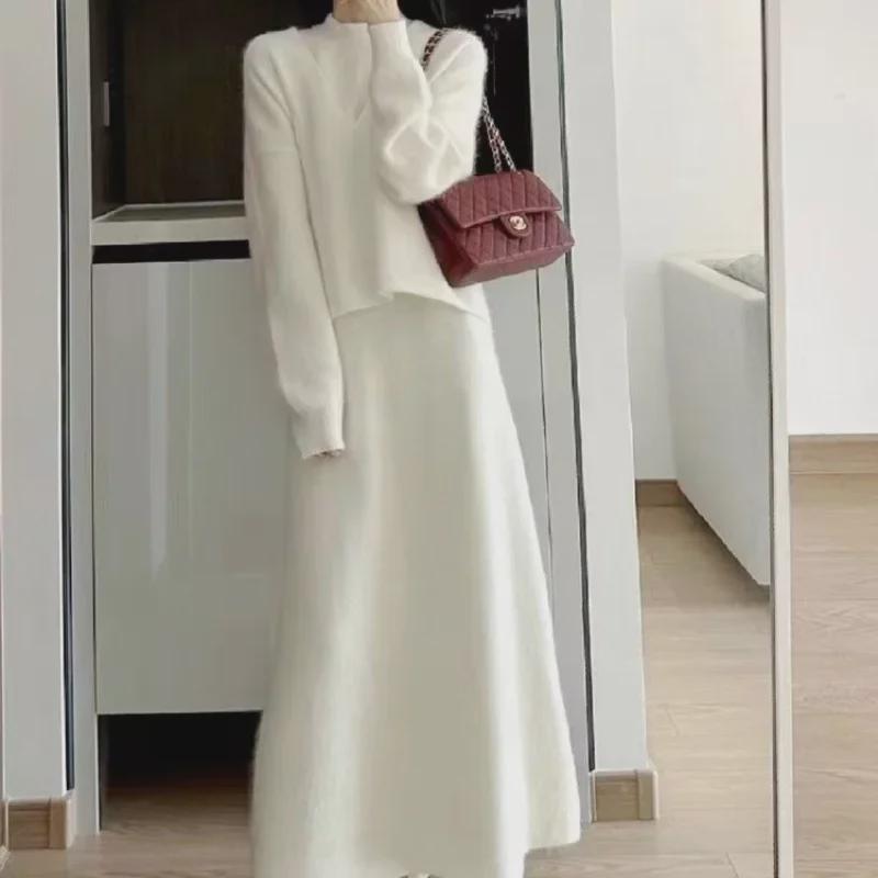 2024 Winter Fashion: V-Neck Long Sleeve Knit Sweater Dress & Casual Two-Piece Set