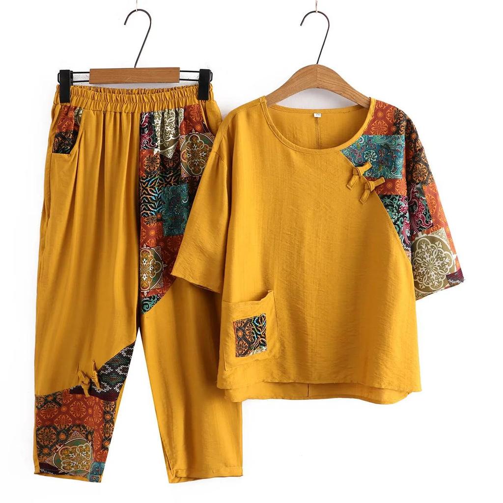 Women's Summer Loose Big Size Ageing Set of Middle-aged and Elderly Retro Leisure Cotton and Linen Top + Pants Two-piece Set