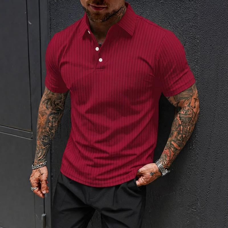 Men's Vertical Striped Textured Polo Shirt Short Sleeve Slim Fit Casual Top