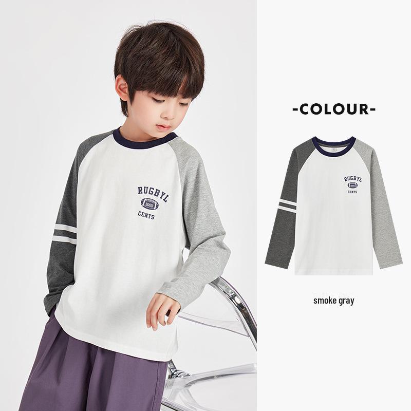 Boys' American-Style Long-Sleeve Cotton T-Shirts with Stripes, Contrast Sleeves - Ideal for Spring and Autumn.