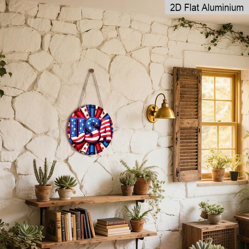 2D Flat - 1pc July 4th Patriotic Wreath - Red White Blue American Flag Design Metal Aluminum Sign with Stars, Stripes USA Lettering, Durable Aluminum