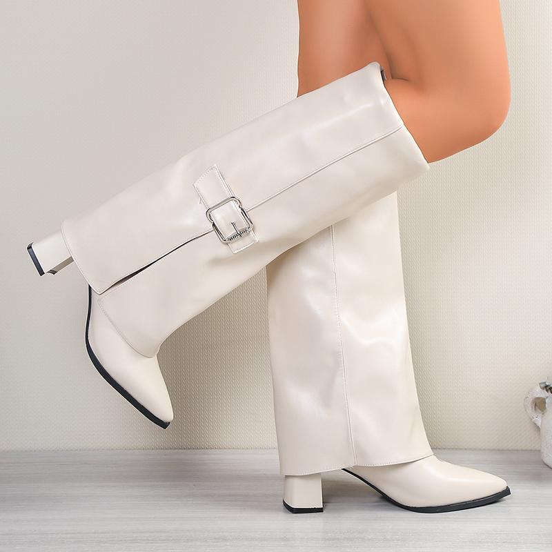 Fashion Sexy Pointed Toe High Heels Knee High Boots Women Punk Style Buckle Wide Leg Boots for Woman Pu Leather Gothic Long Botas Mujer