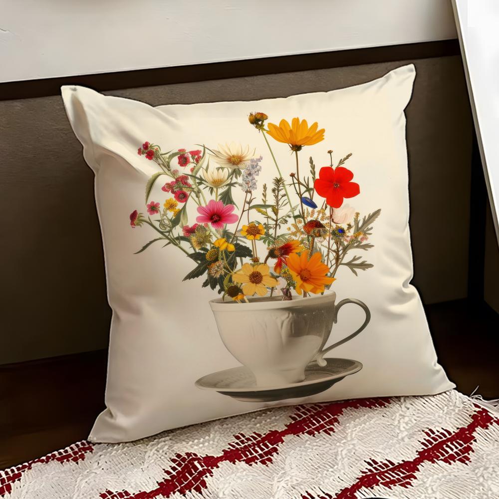 Painting Cup of Flowers Cushion Cover Reversible Soft Durable Pillow Cover Home  Car MultiScene Use for Daily Comfort