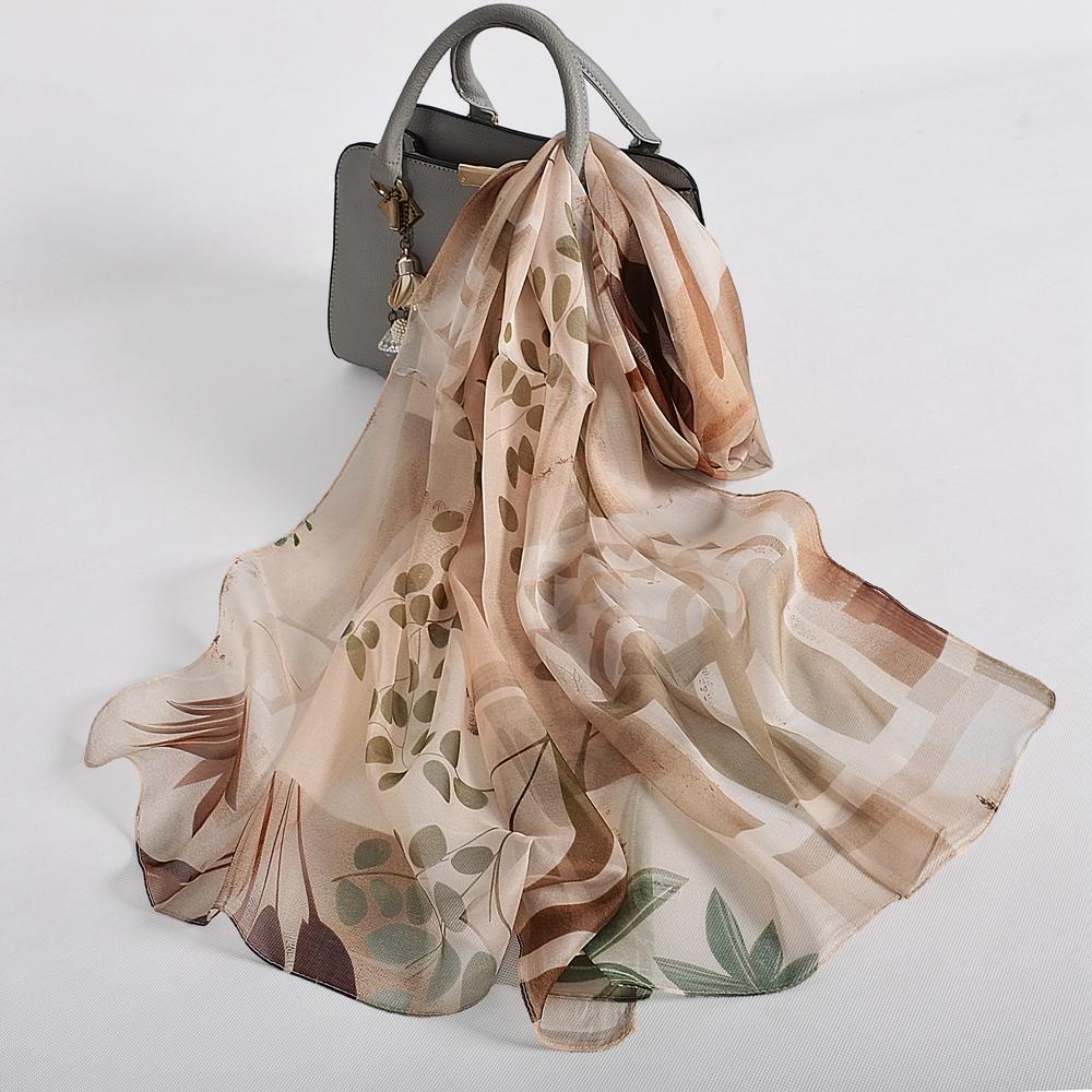 [BYSIFA] 100% Silk Chiffon Scarf Female Brand Leaves Design Grey Khaki Long Scarves Beach Shawls Fall Winter Women Neck Scarves
