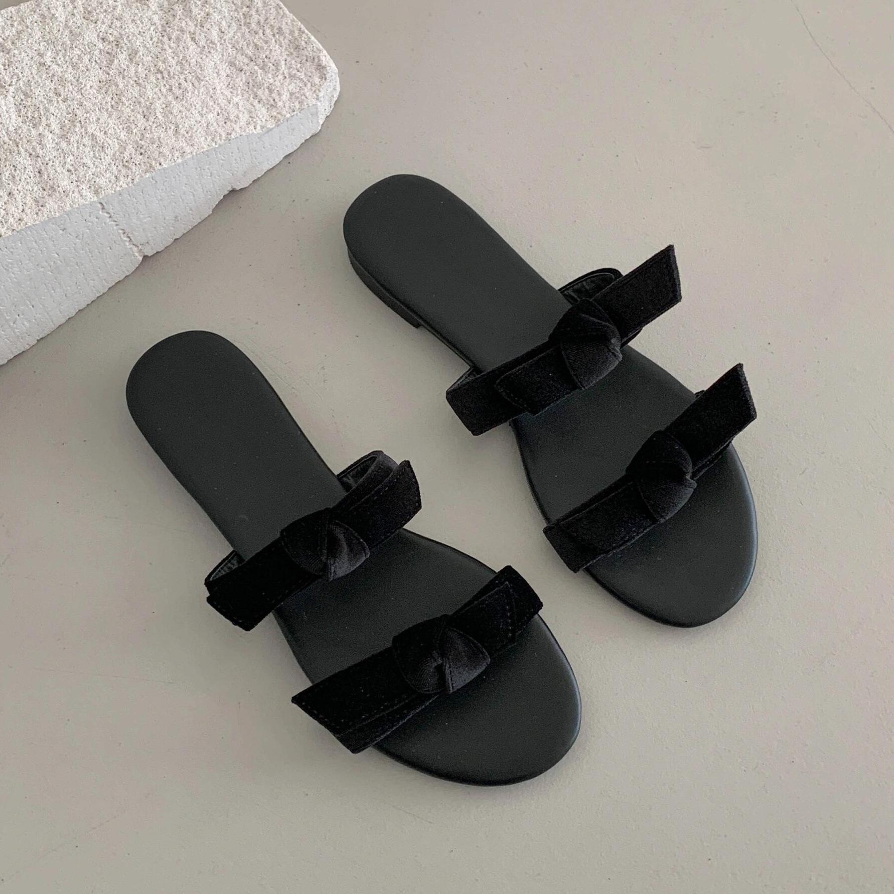 

Bow word double with flat sandals women summer beach wear open toe round head half drag cool slippers 40