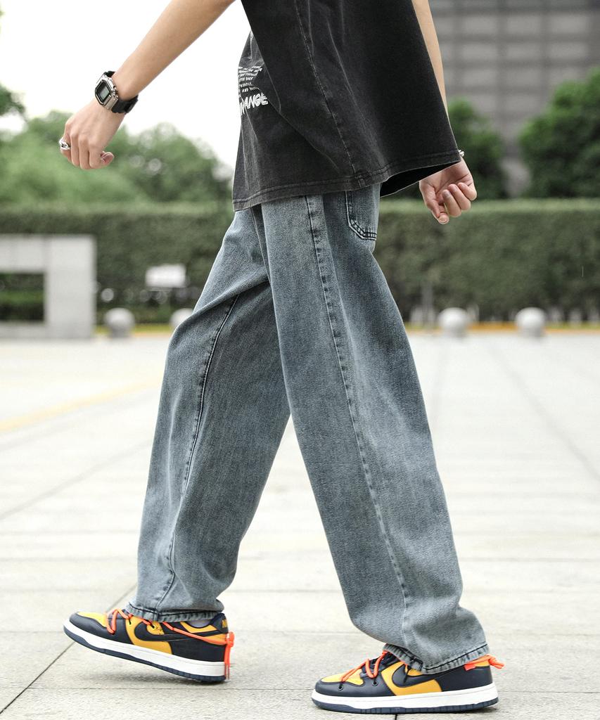 [eternal Cycle] Eternal Cycle Wide Denim Jeans - Men's Denim Pants, Loose Fit, Wide Leg, Baggy Pants, Casual EC-004 (L, Gray)