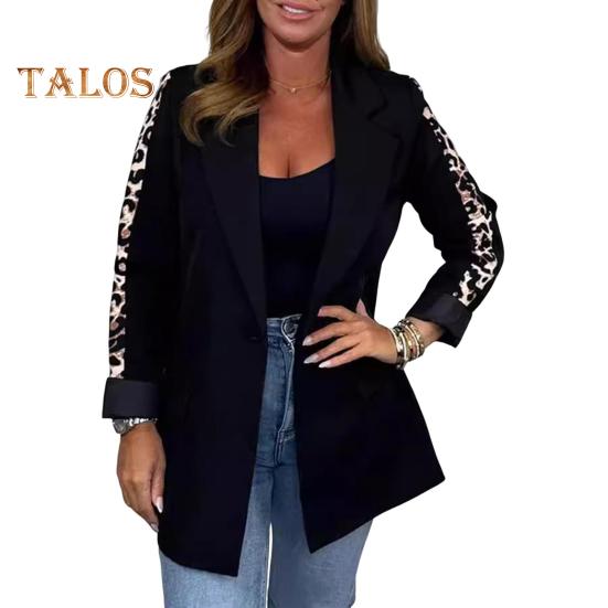 Women Suit Coat Lapel Leopard Stitching Long Sleeve Open Front Suit Jacket with Flap Pockets Business Formal Outwear