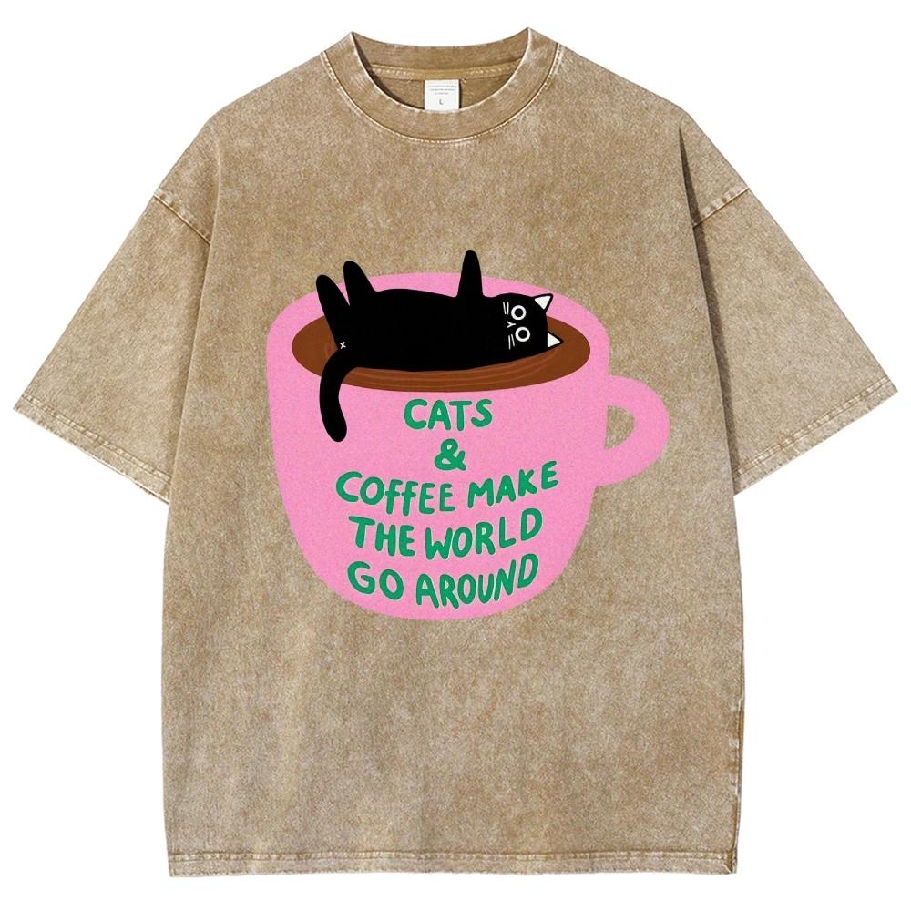 Rosa Tasse Schwarzer Cartoon-Katzen-Print Damen T-Shirt Sommer Bequem Süß Kurzarm Y2K Liebling Lässig Top