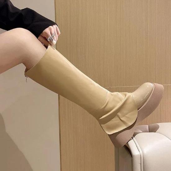 Womens Round Toe Platform Knee Thigh Boots Chunky High Heel Wide Tube Pull On Shoes Retro Chelsea Western New  Winter