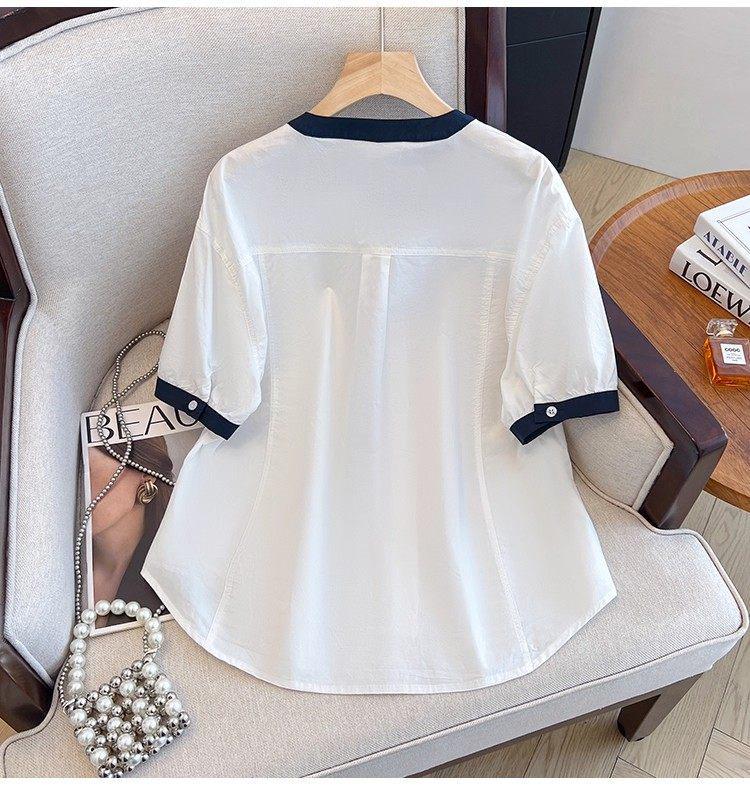 2026 Summer Korean High-End Color Block Loose Plus Size Cotton Short Sleeve Women's Shirt
