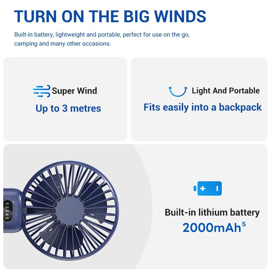 3000mAh  Mini Camping Fan Foldable Portable Neck Hanging Fans 5 Speed USB Rechargeable Fan with Phone Stand and Display Screen