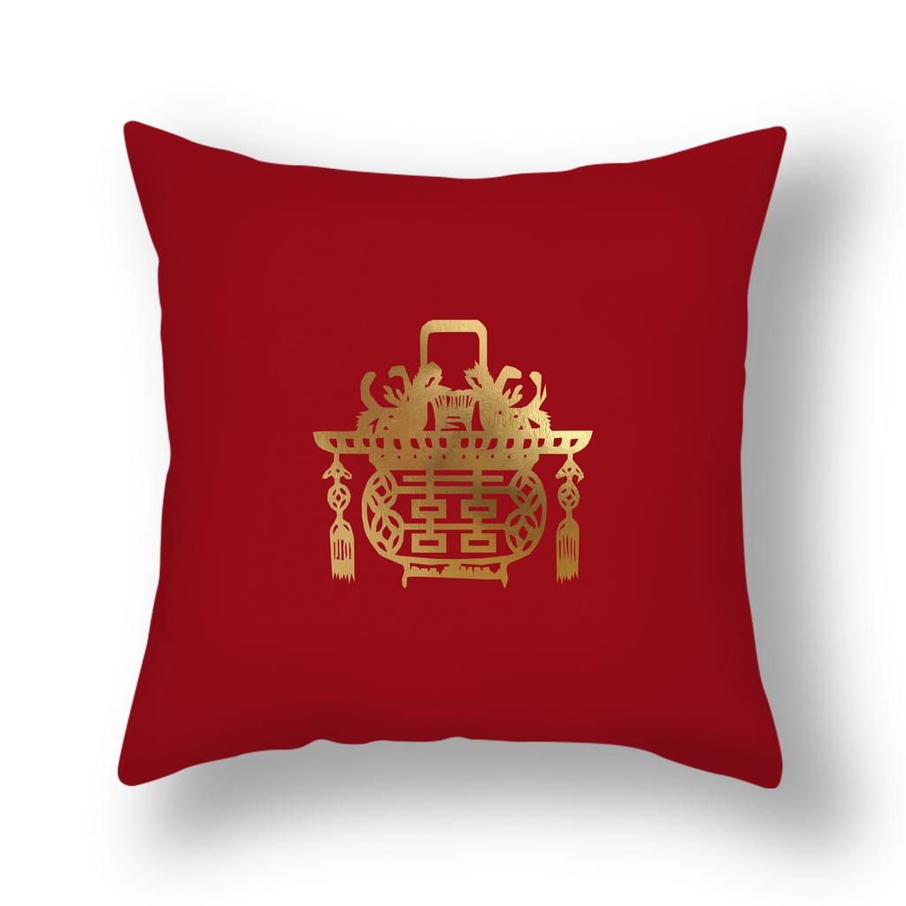 New Chinese Style Happy Character Pillow, Wedding Red Pillow, Pair of Wedding Bedside Pillows, Short Plush Sofa Pillows