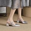 Silver Bag Head Sandals Women's Medium Heel 2024 Summer New with Skirt Beautiful Word with Empty Single Shoes Women's Thick Heel