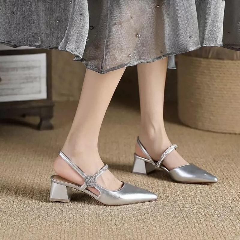 Silver Bag Head Sandals Women's Medium Heel 2024 Summer New with Skirt Beautiful Word with Empty Single Shoes Women's Thick Heel