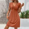 Women's Fashion Casual Dress V-Neck Chest Kink Pleated Waisted -Color Dress