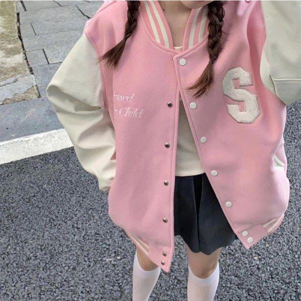 Women's Retro College-Style Pink Velvet Baseball Jacket - All-Match Thickened Cardigan Coat for Spring and Autumn