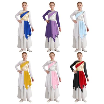 Kids Girls Metallic Color Block Long Sleeve Praise Dance Dress Worship Robe Liturgical Lyrical Costume