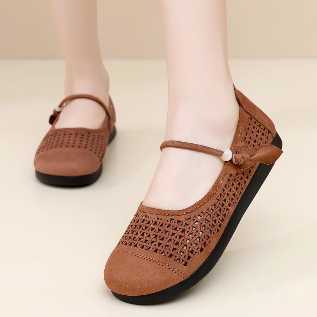 Ladies Round Toe Hollow Out Low Heel Mary Jane Shoes Flat Comfortable Casual Slip On Breathable Design Lightweight Footwear for Daily Wear