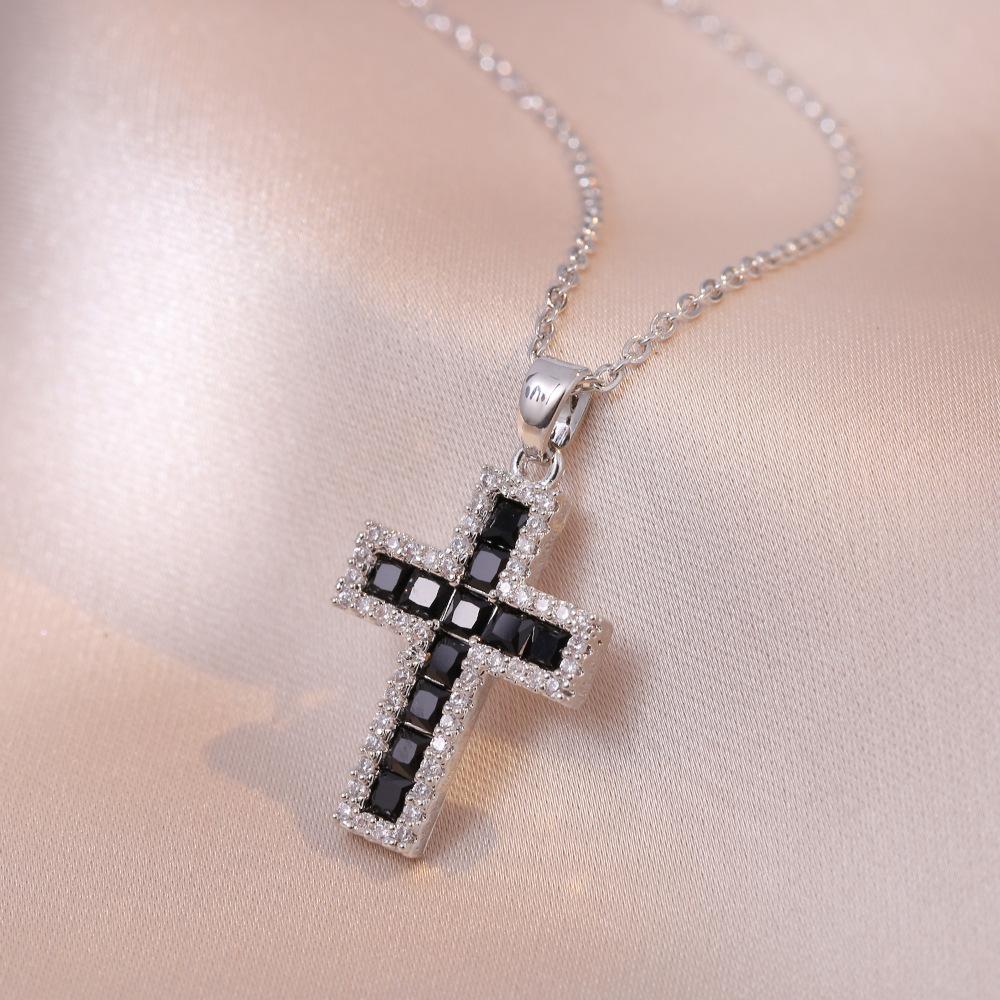 Luxury Female Black Rainbow Zircon Stone Cross Pendant Necklace Vintage Gold Color Wedding  For Women