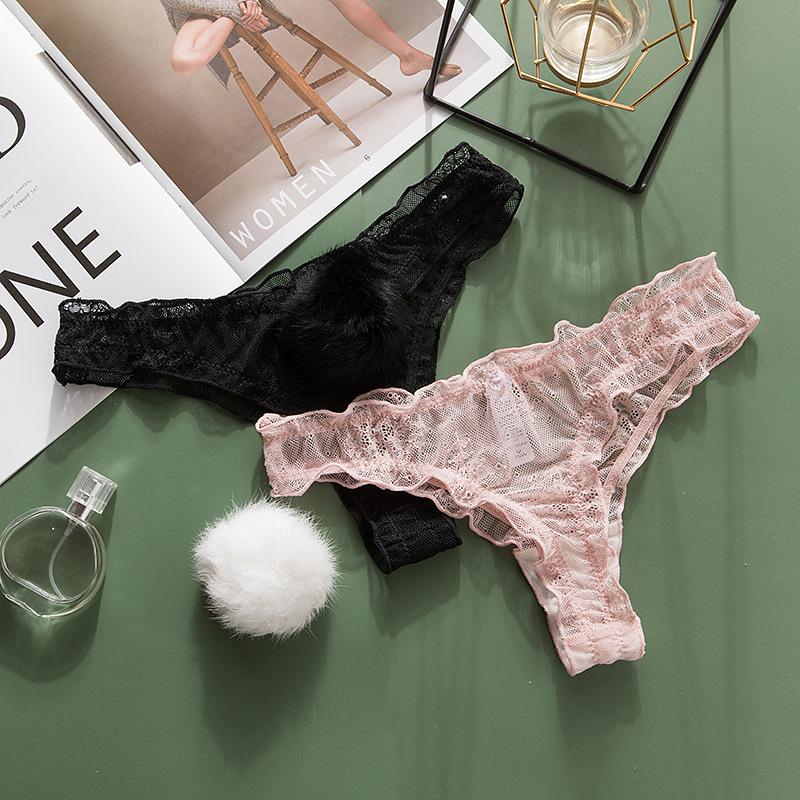 Women Lace Mesh Cotton Thongs Panties Sexy Rabbit Tail Waist Vintage Lingerie for Women Comfortable Underwear