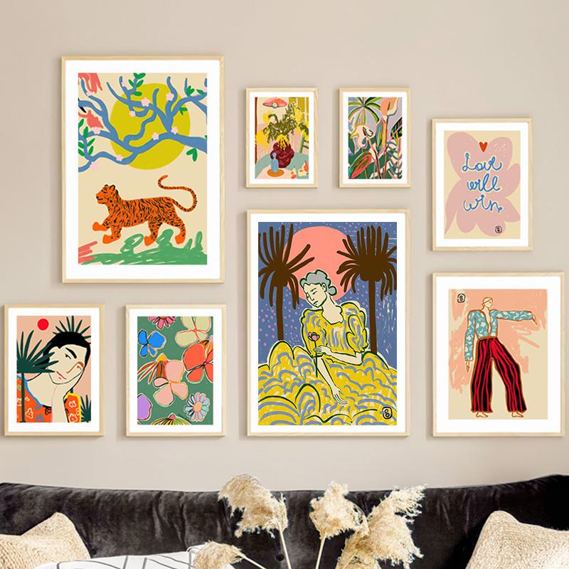 Kolorowa Dziewczyna Kwiat Tygrysi Liść Ilustracja Sztuka Ścienna Obraz na Płótnie Abstrakcyjne Plakaty i Druki Obrazy Dekoracja Pokoju Hotelowego Baru