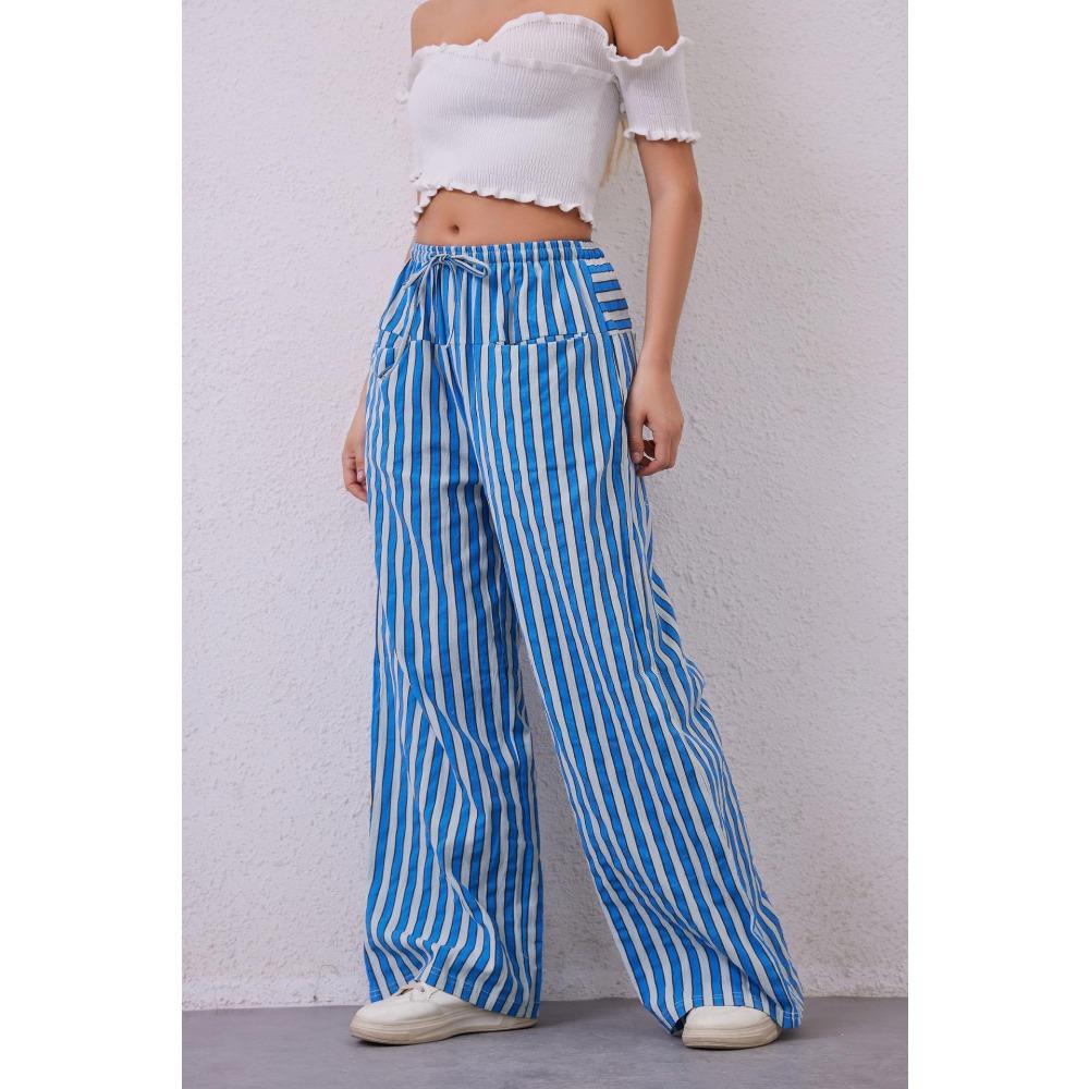 Women’s Drawstring Striped Wide-Leg Casual Trousers – Low-Waisted, Loose-Fitting Trousers