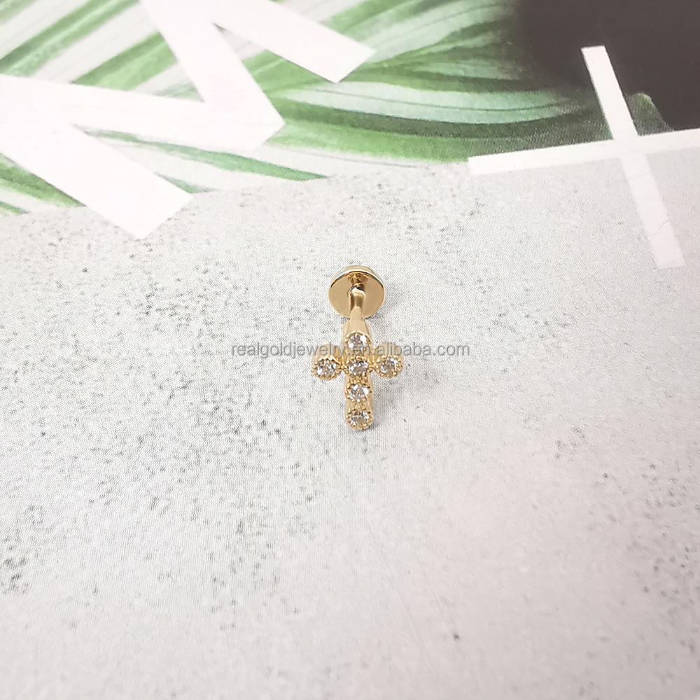 High Quality 14K Real Gold AU585 Diamond Cross-Shaped Earrings with Screw Back Stud Cartilage Jewelry for Engagement or Gift