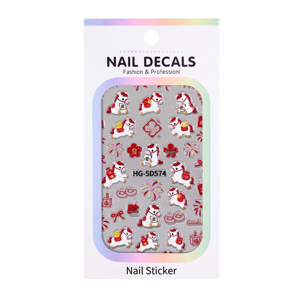 5D Embossed Nail Stickers: Floral, Cartoon, National Style, Fruit Designs, Hot Stamping