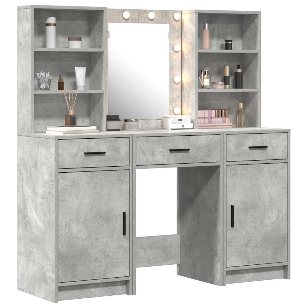 LED Makeup Table Set with Door 3 pcs Concrete Grey Particleboard