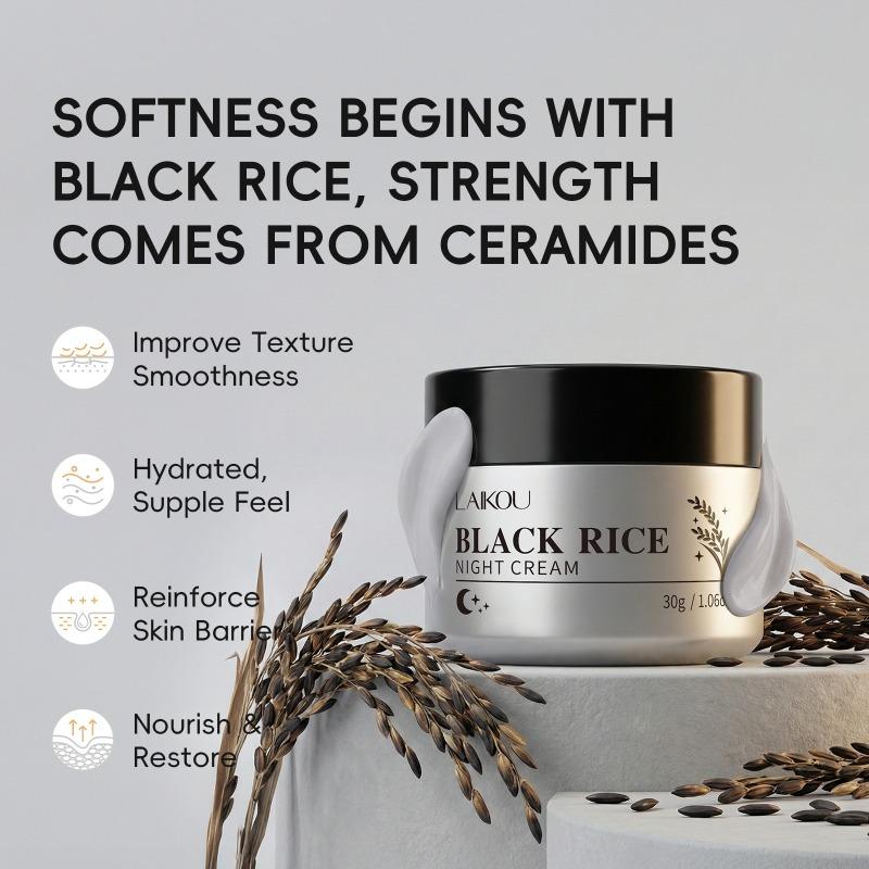 LAIKOU Black Rice Night Cream 30g - Overnight Moisturizing Face Cream with Ceramides & Niacinamide for Glowing, Hydrated Skin
