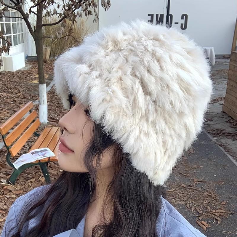 Rabbit Hair White Plush Hat for Women Autumn Winter Warm Ear Protection Woolen Hats Fur Knitted Caps
