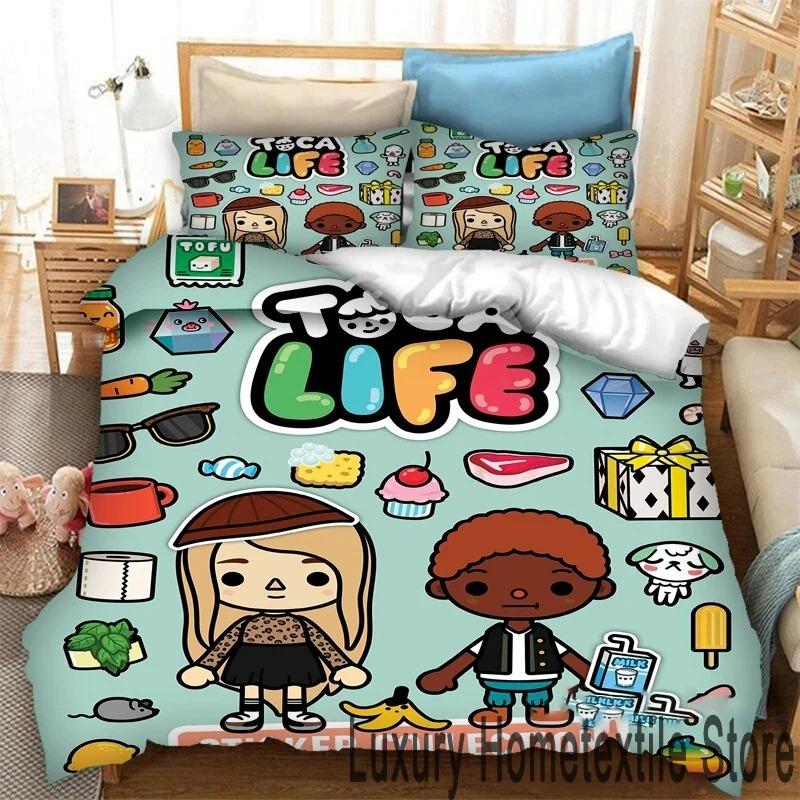 Jogo de impressão 3D Toca Life World Cartoons Conjunto de cama Duplo Twin King Capa de edredom Edredom Fronha Meninos Meninas Adultos Quarto