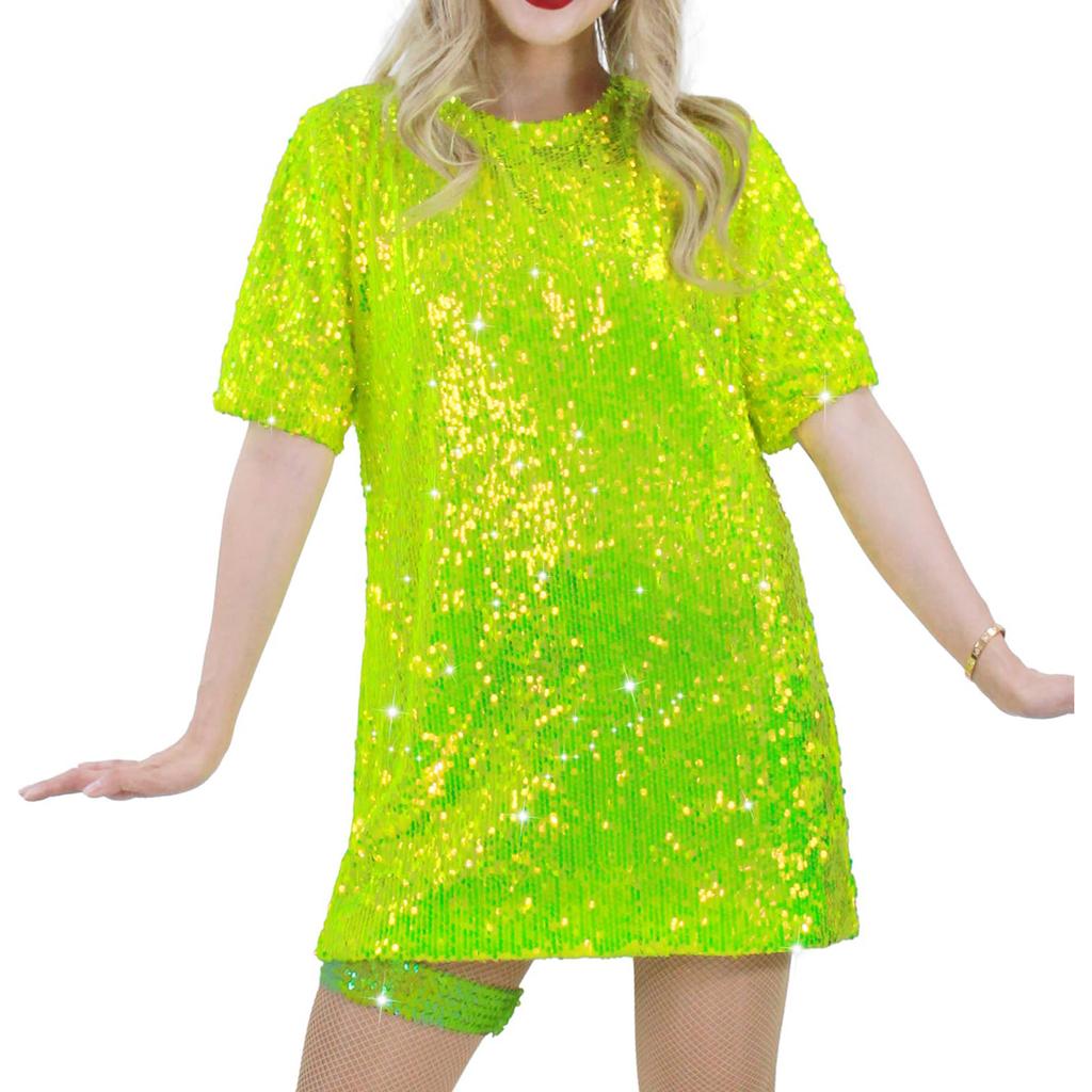 Damen Pailletten T-Shirt Kleid Funkelnd Lässig Kurzarm Party Club Outfit Kostüm