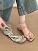 Stylish and fine to wear! Temperament square head toe word with thick heel sandals women's summer chain flat sandals